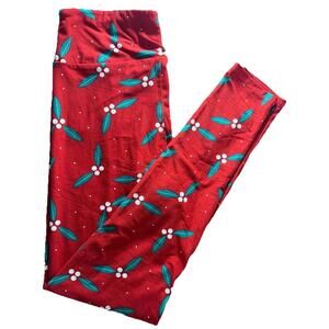 New LuLaRoe DREAM Christmas Holly Berry Mistletoe Red Leggings Size OS (2-10)